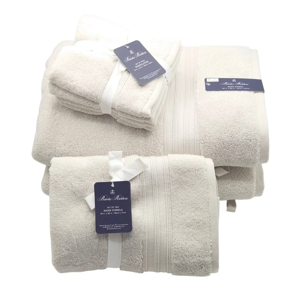 Brooks Brothers 8pc Sand Greige Cotton‎ Towel Set 2 Bath 2 Hand 4 Washcloths